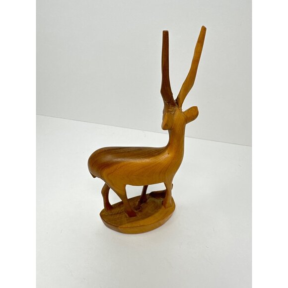 Vintage Hand-Carved Wooden Gazelle Figurine With Baby 8" Tall Antelope Sculpture - Picture 4 of 7